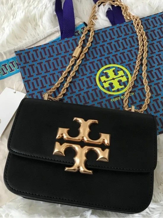 Tory Burch Black Shoulder Bag with Gold Logo and Chain - Picture 2 of 11